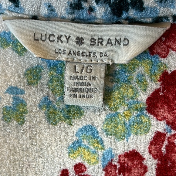 Lucky Brand Floral Print Peasant Blouse, Gathered Sleeves Sz Lg w MEASUREMENTS! - Picture 3 of 13